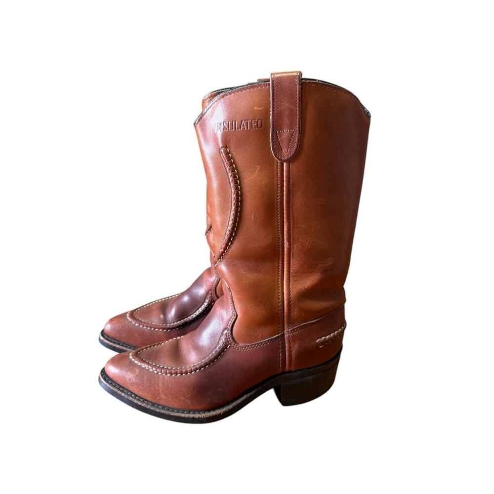 VINTAGE DOUBLE HH COWBOY TAN LEATHER INSULATED BOOTS HORSE SHOE WOMEN'S SIZE 6B
